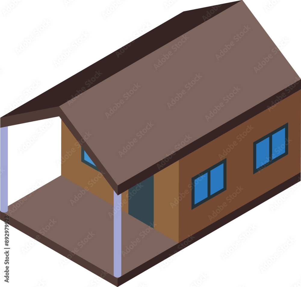 Contemporary wooden bungalow with a porch is being presented in a three dimensional isometric view Contemporary wooden bungalow with a porch is being presented in a three dimensional isometric view
