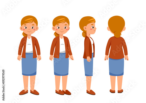 Female teacher set. Educational worker walking. Pack of characters in different viewing angles. Design elements for creating animations. Woman with education. Flat vector collection