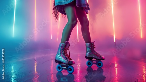 A close-up view of roller-skates glowing under vibrant neon lights in a colorful environment, capturing the essence of nightlife fun and the excitement of roller-skating with style. photo