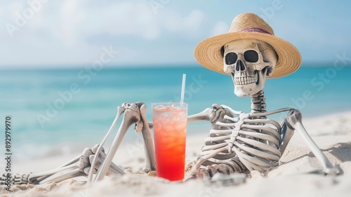 Skeleton lounging on a sandy beach with a drink in hand, blending humor with the macabre, skeleton vacation