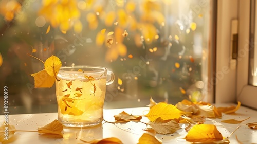 Autumn drink and yellow leaves by window, cozy fall mood. photo