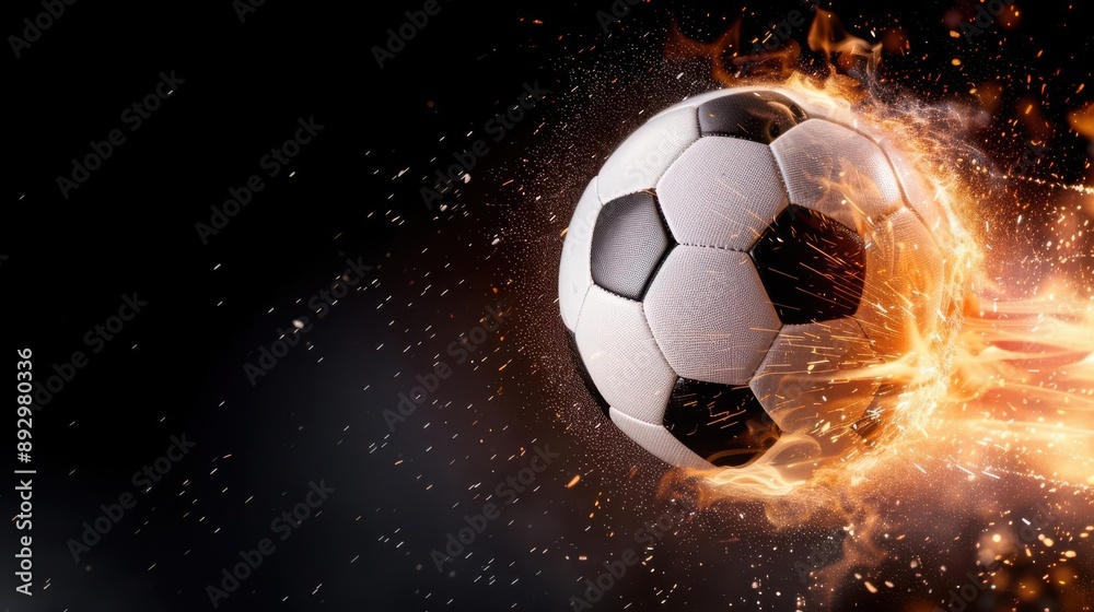 Fototapeta premium A fiery soccer ball soaring through the air on a black background,