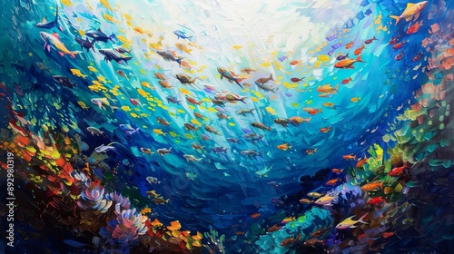 A vibrant underwater scene featuring a large variety of colorful fish swimming amidst stunning coral formations, capturing the beauty and diversity of marine life.