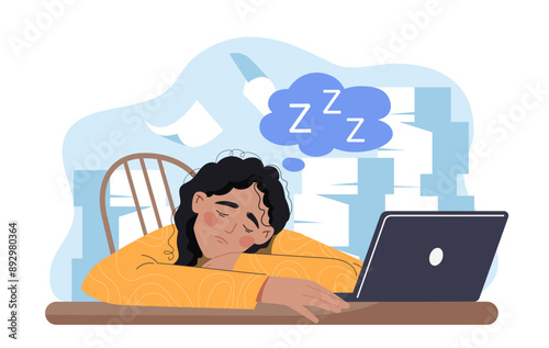 Tired woman at workplace. Young girl sleeps near laptop and stack of papers. Emotional burnout and mental problems. Fatigue and frustration. Flat vector illustration isolated on white background