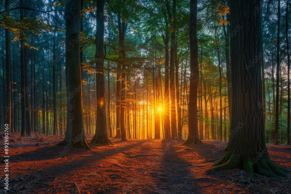 Fototapeta premium Enchanted forest at sunset with majestic trees, creating an enchanting and mystical dusk atmosphere filled with magic
