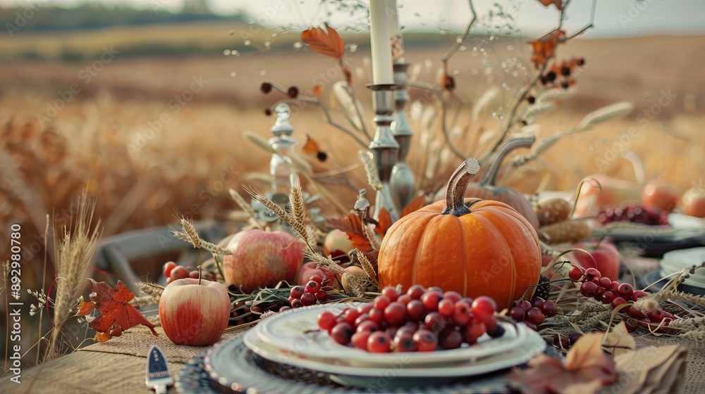 A beautifully arranged autumn harvest feast featuring a pumpkin centerpiece, apples, cranberries, and rustic table settings in a scenic outdoor setting. A beautifully arranged autumn harvest feast featuring a pumpkin centerpiece, apples, cranberries, and rustic table settings in a scenic outdoor setting.