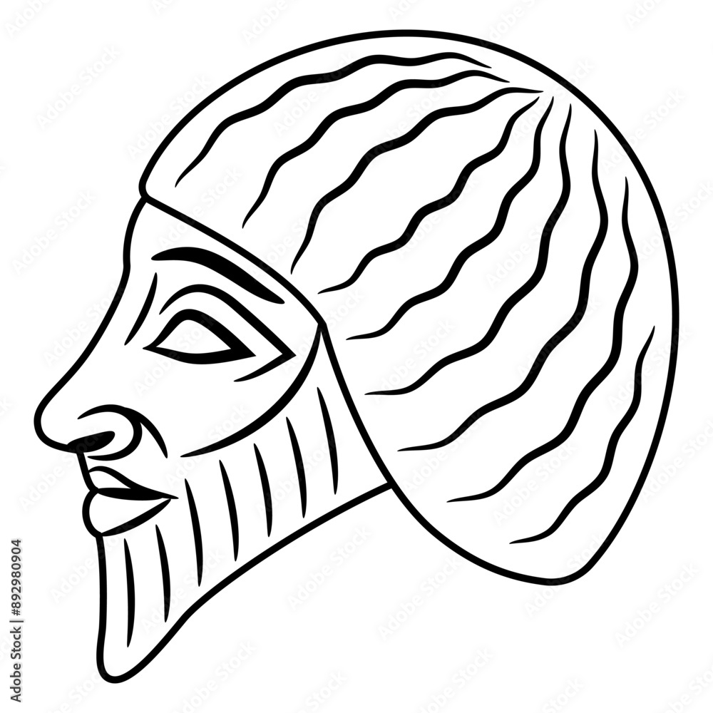Bearded head of a man in profile. Portrait of ancient Sumerian man from Lagash. Ethnic Mesopotamian design. Black and white linear silhouette. Bearded head of a man in profile. Portrait of ancient Sumerian man from Lagash. Ethnic Mesopotamian design. Black and white linear silhouette.