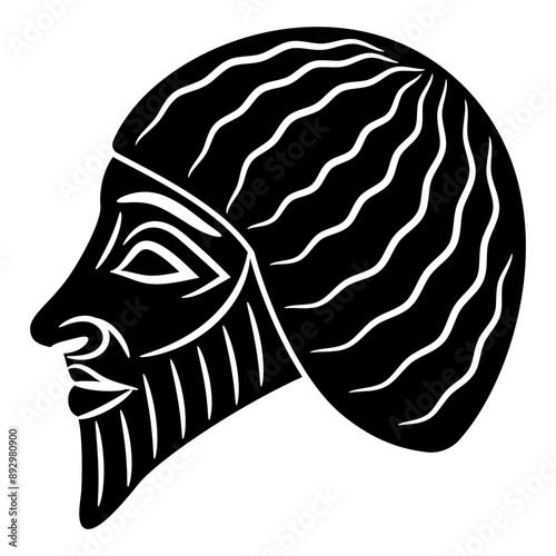 Bearded head of a man in profile. Portrait of ancient Sumerian man from Lagash. Ethnic Mesopotamian design. Black and white silhouette.