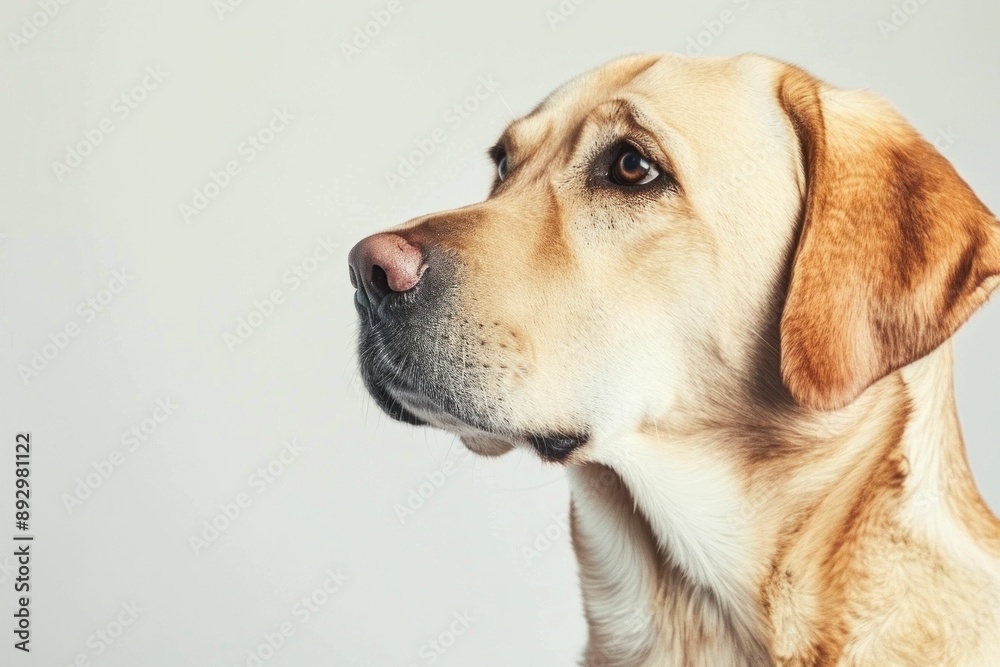 Closeup portrait of a beautiful labrador retriever looking to the side on a plain white background