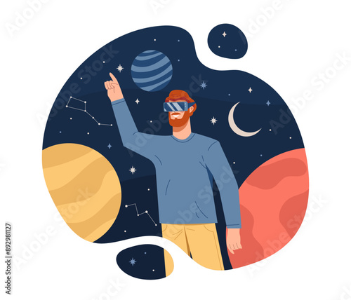 Man in virtual reality glasses. Young guy with VR technology. Character in space studies planets. Metaverse and cyberspace. Futuristic technology and innovation. Flat vector illustration