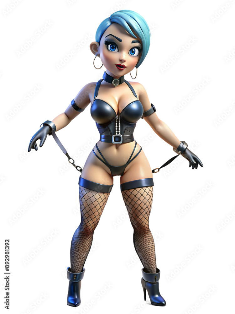 Beautiful plastic doll in black latex bikini, choker, 3D style Beautiful plastic doll in black latex bikini, choker, 3D style