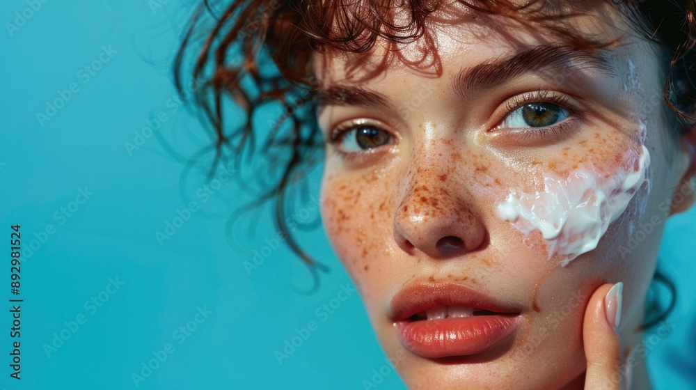 Beauty and skincare routine freckled woman applying cream in front of blue background Beauty and skincare routine freckled woman applying cream in front of blue background