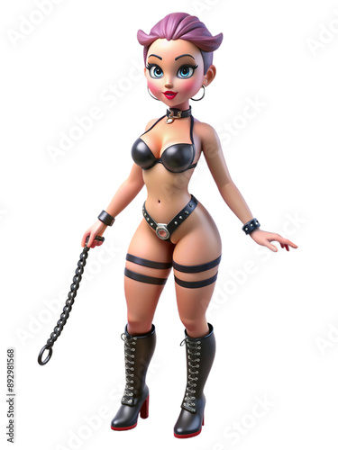 Beautiful plastic doll in black latex bikini, choker, 3D style photo