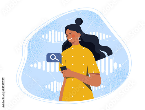 Woman with voice search. Young girl with smartphone looking for information on Internet. Online voice recognition. Modern technologies and innovations. Flat vector illustration