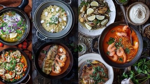 A diverse array of five gourmet dishes is vibrantly arranged, featuring a variety of meats, vegetables, and garnishes, each showcasing intricate culinary artistry and inviting presentation.