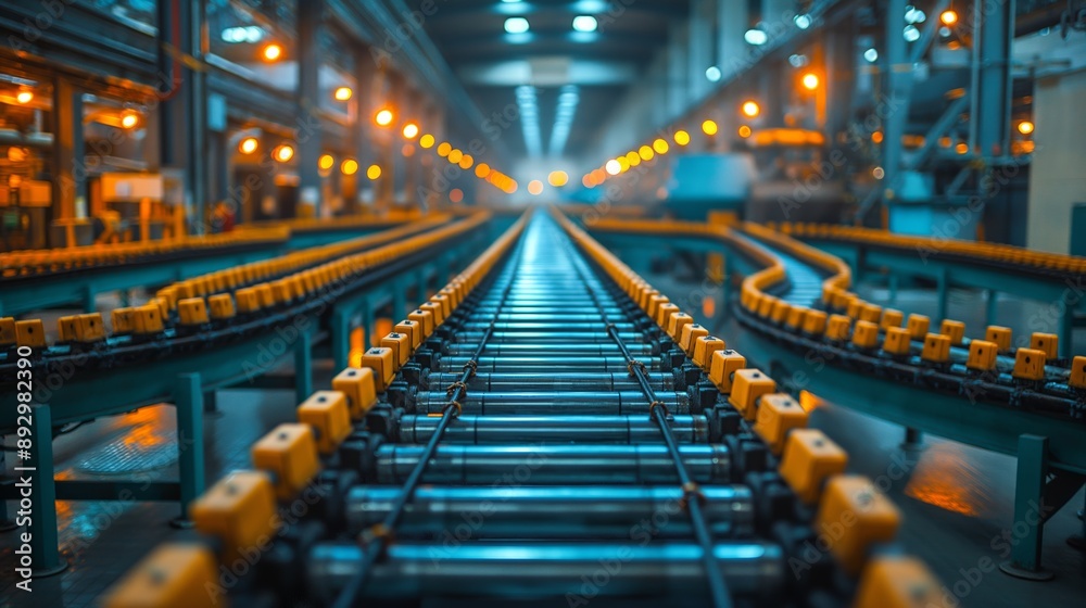 Fototapeta premium Modern Industrial Factory Interior with Automated Conveyor Belts and Warm Lighting Ambience