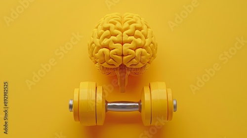 A yellow brain model positioned above a larger, yellow dumbbell, emphasizing the connection between mental and physical fitness against a bright yellow backdrop.