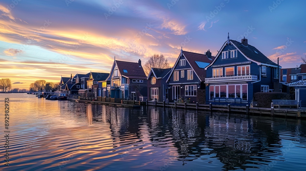 A beautiful evening light casts a gentle glow over a waterfront village with charming houses and a clear blue sky, creating a serene and picturesque atmosphere. A beautiful evening light casts a gentle glow over a waterfront village with charming houses and a clear blue sky, creating a serene and picturesque atmosphere.