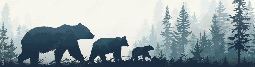 Silhouette of Bear Family Walking in Foggy Forest with Pine Trees Silhouette of Bear Family Walking in Foggy Forest with Pine Trees