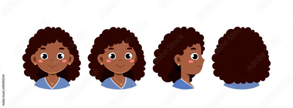 Obraz premium Set of girl heads. African american schoolgirl from different angles of view. Pack of design elements for creating animations. Social media avatar. Flat vector collection isolated on white background