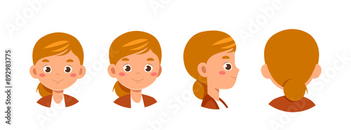 Set of girl heads. Caucasian schoolgirl from different angles of view. Pack of design elements for creating animations. Avatar for messengers. Flat vector collection isolated on white background