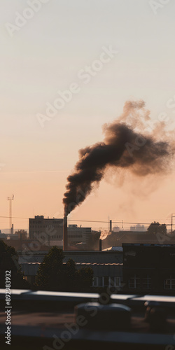 Emissão de fumaça negra das chaminés com prédios industriais ao fundo
