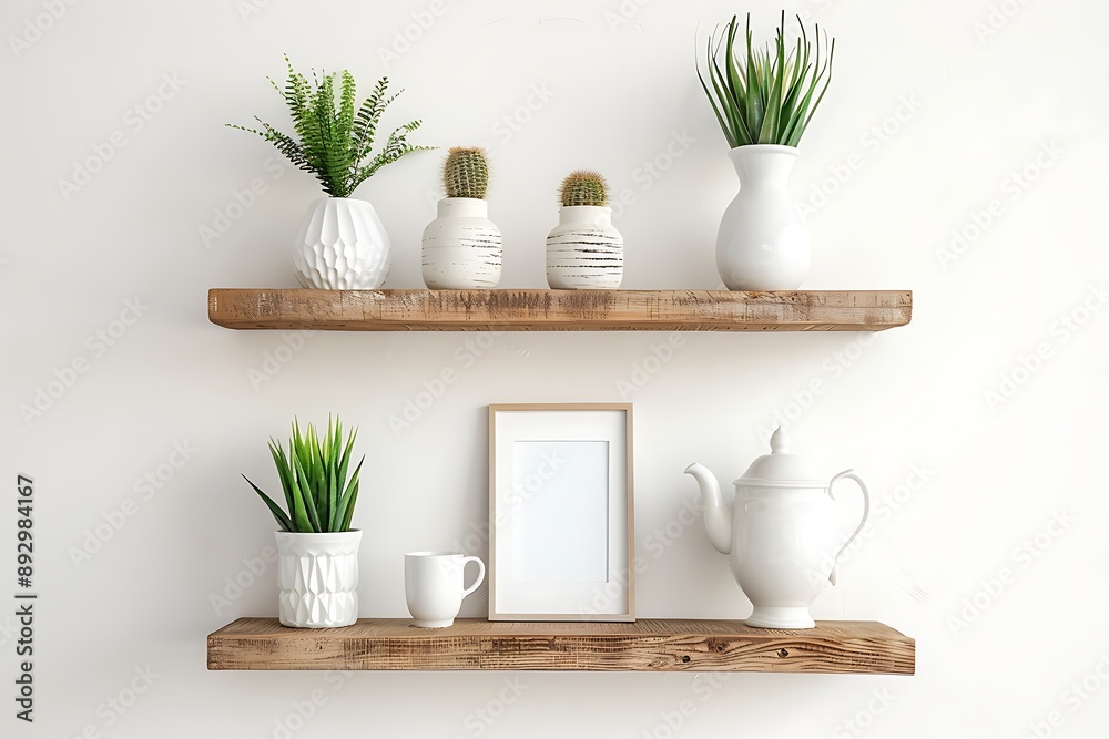 Rustic wooden shelves mounted on a white wall and decorated with plants vases and white ceramics Rustic wooden shelves mounted on a white wall and decorated with plants vases and white ceramics