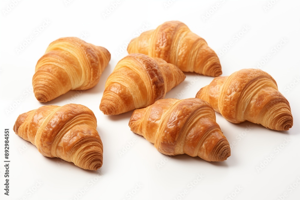 six croissants placed on a white table. six croissants placed on a white table.