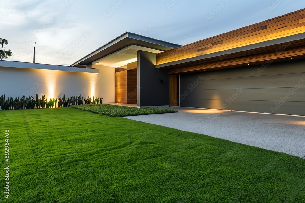 A modern house with a beautifully manicured lawn, seen from the left side, showcasing a sleek garage with a concrete yard. Soft lights illuminate under the roof, and wooden accents adorn the walls. A modern house with a beautifully manicured lawn, seen from the left side, showcasing a sleek garage with a concrete yard. Soft lights illuminate under the roof, and wooden accents adorn the walls.