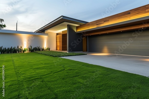 A modern house with a beautifully manicured lawn, seen from the left side, showcasing a sleek garage with a concrete yard. Soft lights illuminate under the roof, and wooden accents adorn the walls.