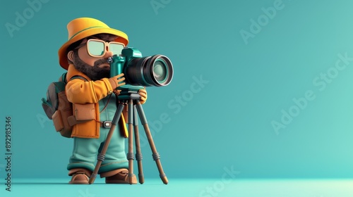 cartoon photographer character with an oversized camera and tripod, standing against a vivid blue background copy space