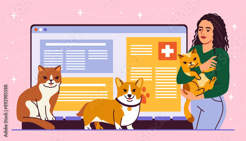 Pet veterinarian online. Woman with dogs and cats near laptop. Health care and treatment, medicine online. Caring for pets, telemedicine. Cartoon flat vector illustration