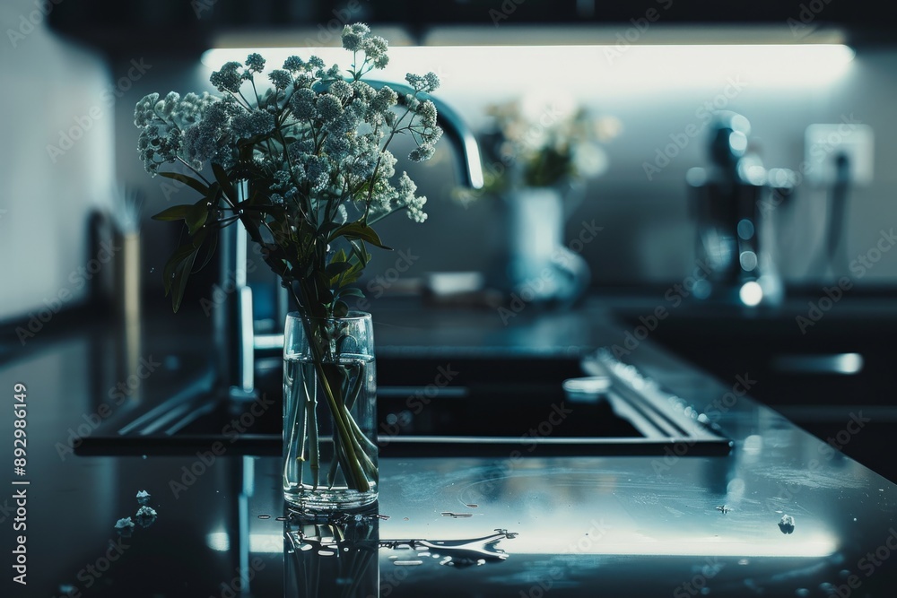 Bouquet of gypsophila flowers in glass vase on black kitchen countertop. Bouquet of gypsophila flowers in glass vase on black kitchen countertop.