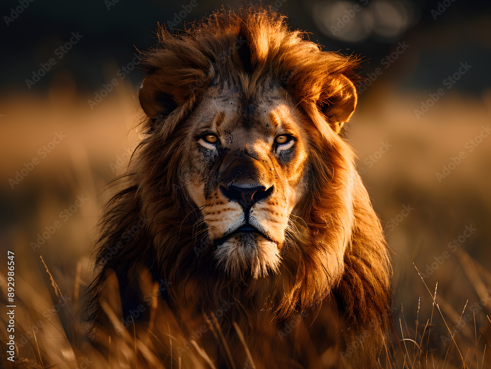 Fototapeta premium A Masai lion, a member of the Felidae family and a carnivorous terrestrial animal, is standing in a field of tall grass, staring directly at the camera with its whiskers twitching