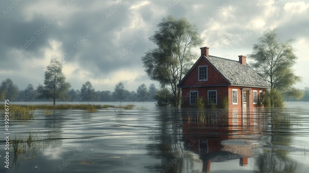 Fototapeta premium Flooded House amidst Submerged Forest with Reflective Water and Overcast Sky