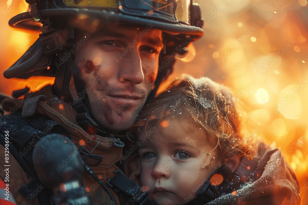 Firefighter Rescuing Child from Burning Building Firefighter Rescuing Child from Burning Building
