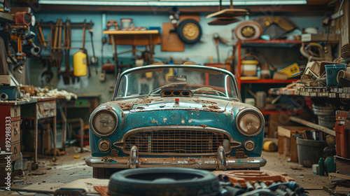 Vintage car in an old workshop, surrounded by tools and other mechanical equipment, reflecting a classic automotive restoration scene.