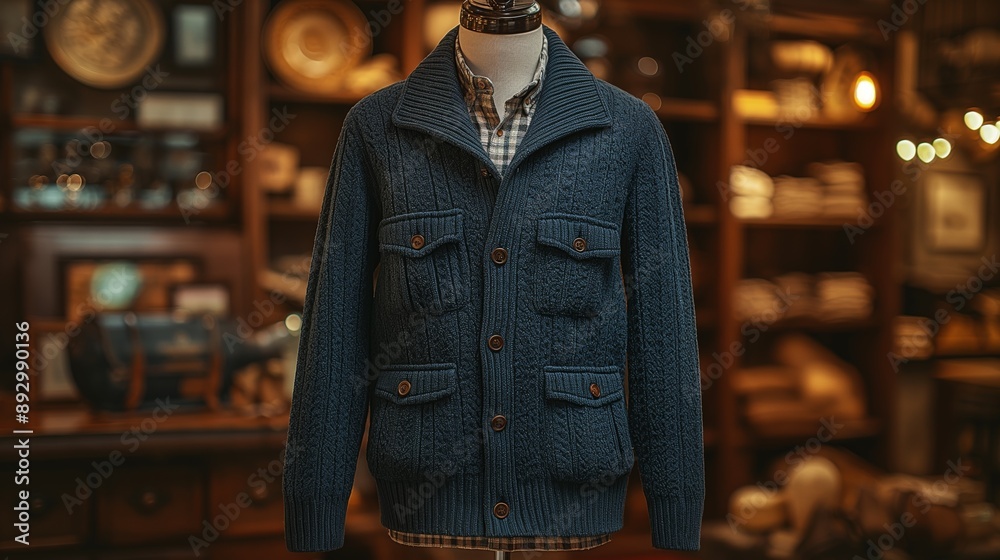 Obraz premium Vintage Blue Wool Cardigan in Old Fashioned Cozy Store Interior during Daytime