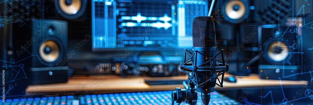 Fototapeta premium Audio studio recording setup with production equipment, microphones, speakers, computer