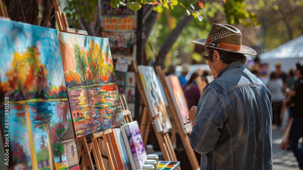 Obraz premium An artist at an outdoor fair displaying their paintings
