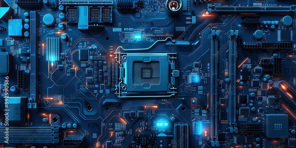 Overhead photo of motherboard with glowing blue circuitry Overhead photo of motherboard with glowing blue circuitry