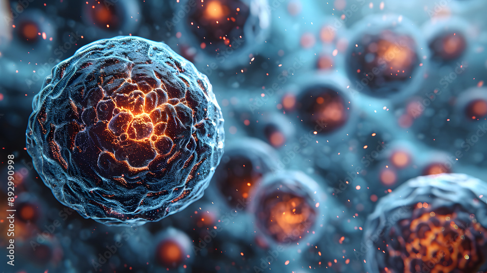 High-resolution microscopic image of cells with glowing orange nuclei ...