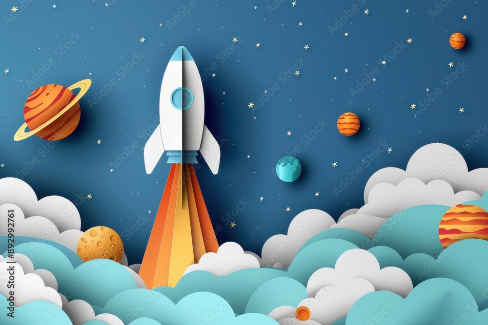 A paper rocket is flying through the sky above a group of planets A paper rocket is flying through the sky above a group of planets