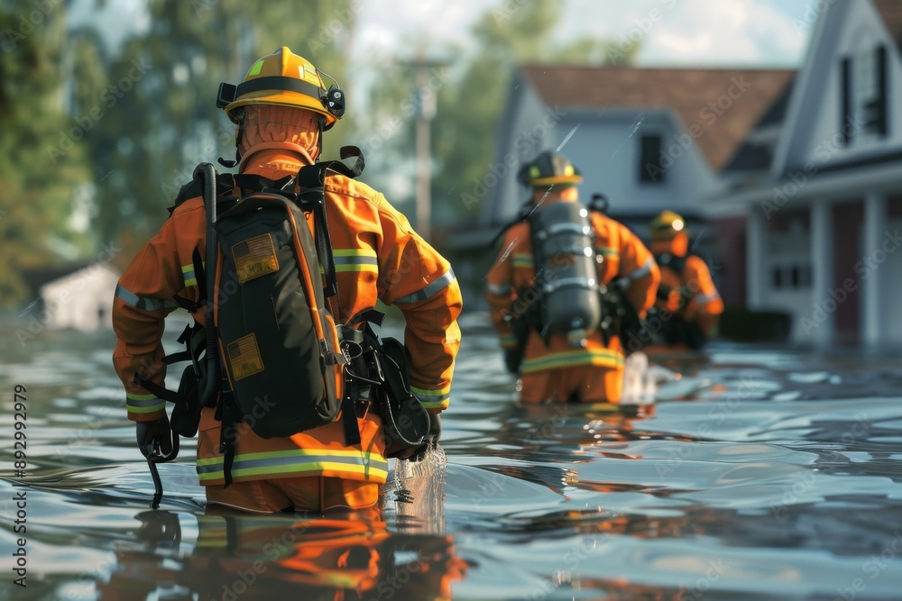 Firefighters wade through floodwaters in a residential area, showcasing bravery and dedication during natural disaster recovery missions. Firefighters wade through floodwaters in a residential area, showcasing bravery and dedication during natural disaster recovery missions.