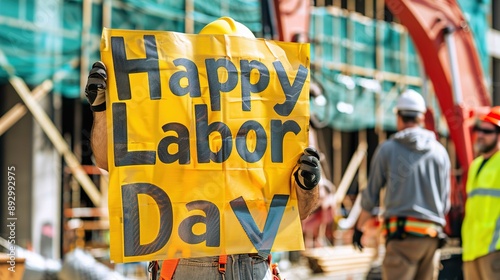 Wallpaper Mural A construction worker, clad in a yellow hard hat and gloves, holds a vibrant yellow sign with large black letters that read "Happy Labor Day." The background features an active construction site with  Torontodigital.ca