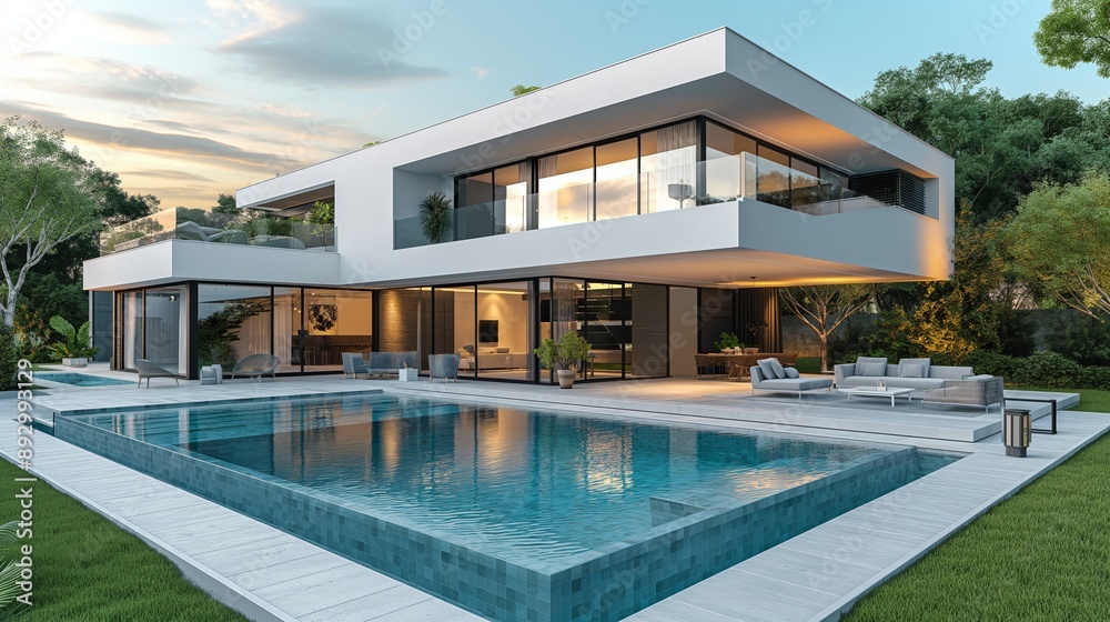 Modern Luxury Villa with Pool Surrounded by Lush Greenery and Clear Sky at Dusk