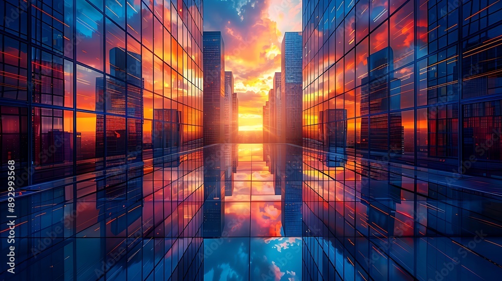  Picture of modern skyscrapers of a smart city, futuristic financial district with buildings and reflections , blue color background for corporate and business template with warm sun rays of light 
