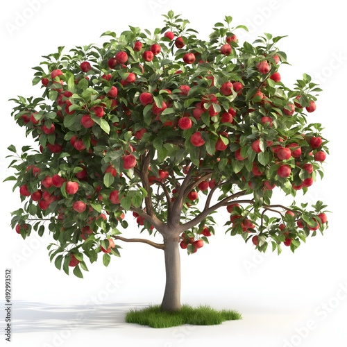 99. "A charming apple tree with a dense canopy and ripe fruit, rendered in 3D against a white canvas."