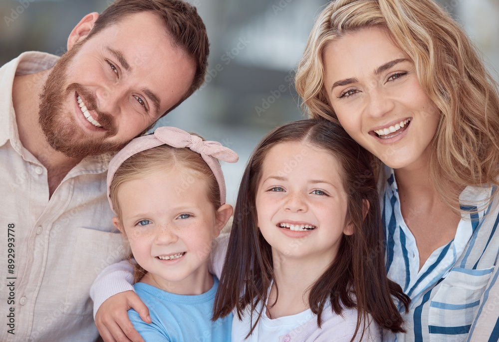 Portrait, hug and family with love in home, care and relax with happiness, time together and smile. Face, parents and mother with father, embrace and girls with children, joyful and kids in lounge Portrait, hug and family with love in home, care and relax with happiness, time together and smile. Face, parents and mother with father, embrace and girls with children, joyful and kids in lounge
