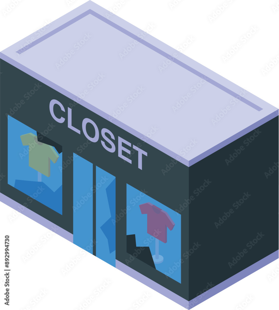 Isometric building of a clothing store with glass windows displaying t shirts Isometric building of a clothing store with glass windows displaying t shirts